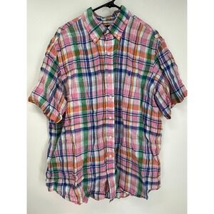 Ralph‎ Lauren Men's XL Pink Green Plaid 100% Linen Short Sleeve Button Down